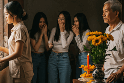 Ông nhìn mâm cỗ, ánh mắt tối sầm lại. Không nói không rằng, ông đưa tay hất đổ cả mâm cơm