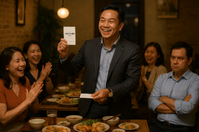 Tôi đưa thẻ, ký tên, rồi quay lại bàn tiệc, nhưng ai ngờ