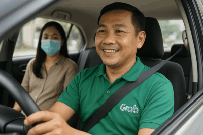 Chiếc ghế sau chất đầy túi đồ ăn thừa, giấy bọc hamburger, ly cà phê rỗng, và vài lon nước ngọt lăn lóc