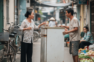 Chiếc tủ lạnh cũ, lớp sơn trắng đã bong tróc loang lổ, được một người đàn ông trung niên, mặt mũi khắc khổ, đẩy đến trên chiếc xe ba gác
