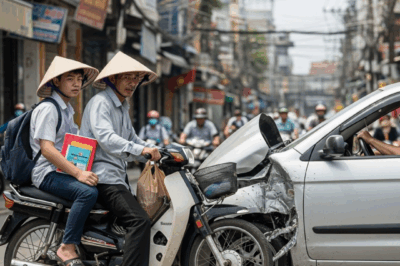 Ông Hùng phanh gấp, nhưng không kịp “rầm!” đầu xe máy đập vào đuôi ô tô, tạo một vết xước dài